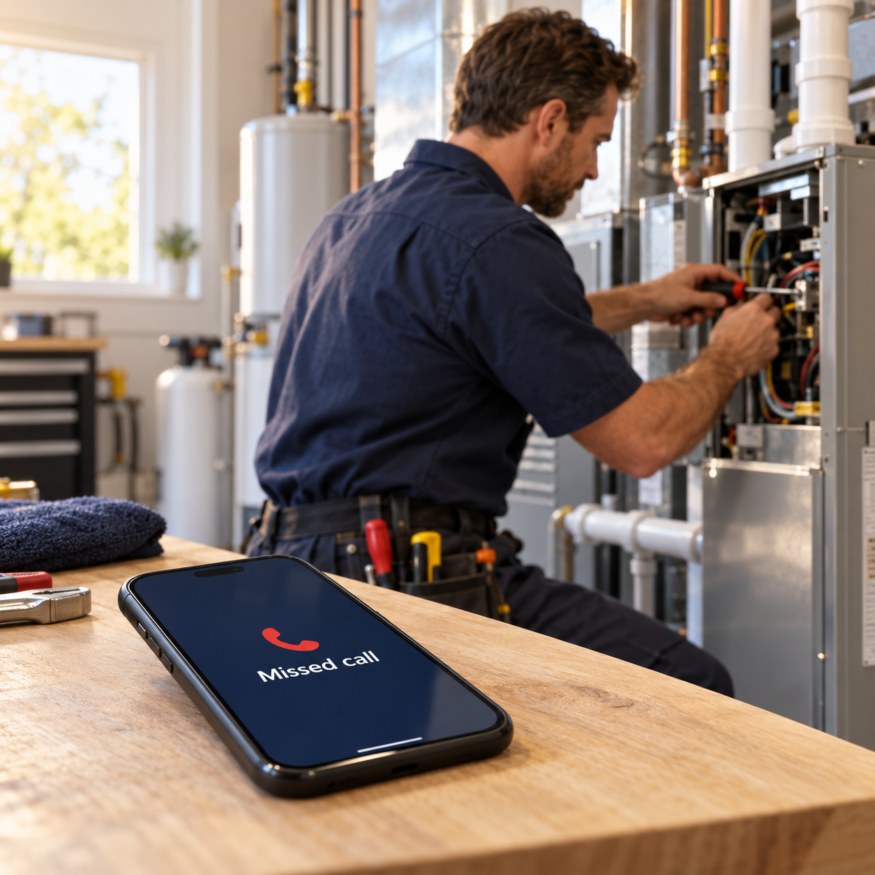 A missed-call phone in the foreground while a tradesperson works in a clean utility room